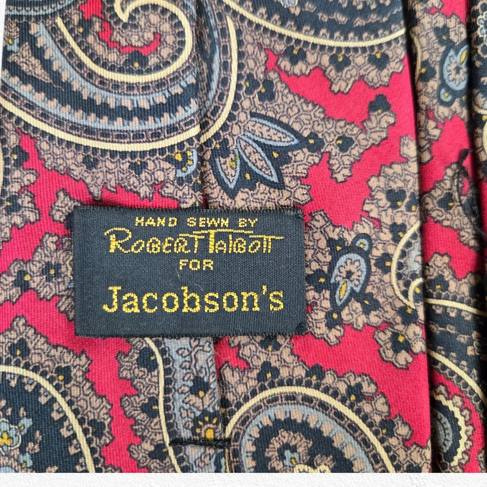 Vintage 80s Red Paisley Damask Silk Tie Hand Sewn USA Made Italy Fabric